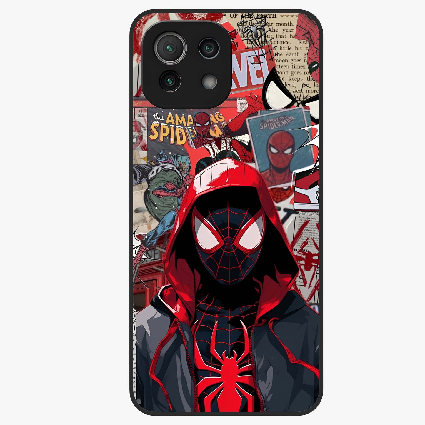 Spider Collage Street Glass Case showing flat back view with vibrant superhero collage artwork and glossy glass finish.