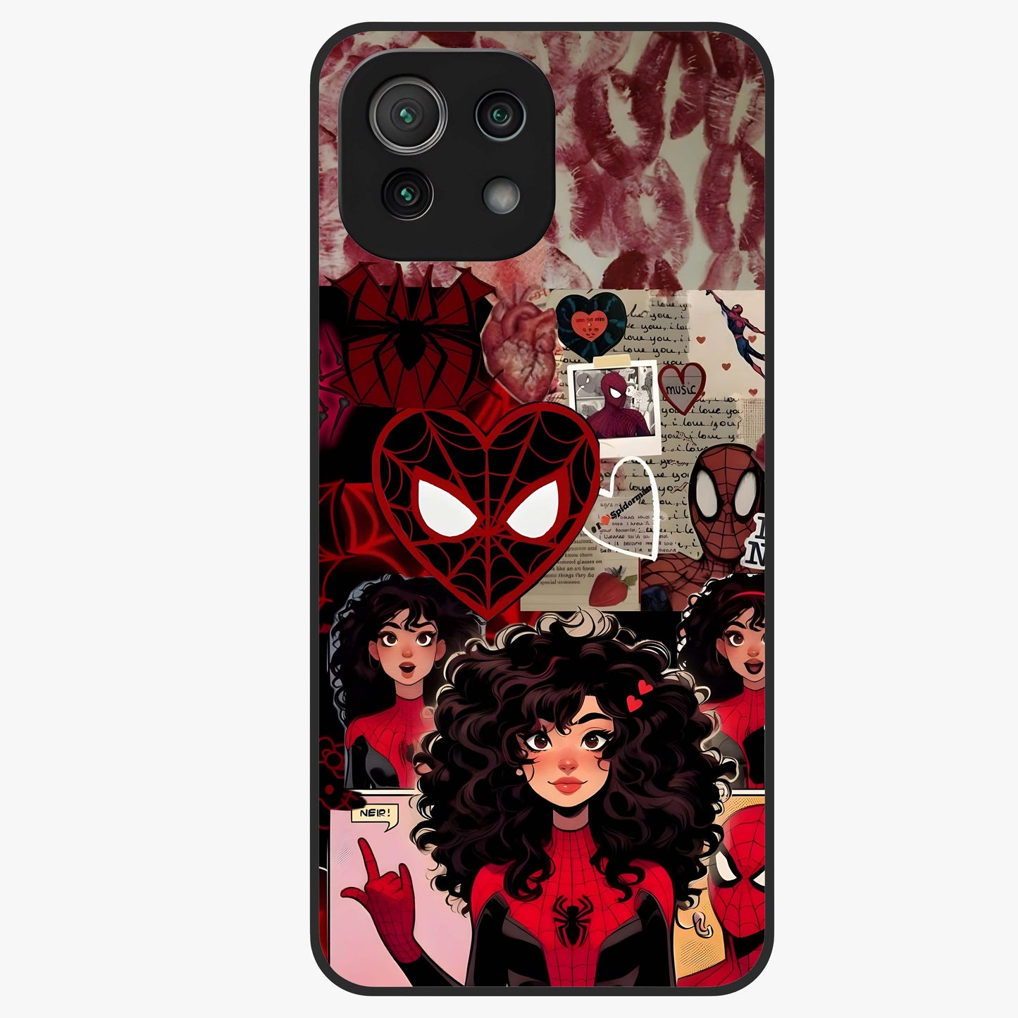 Spider Love Story Glass Case showing flat back view with romantic superhero themed artwork and glossy glass finish.
