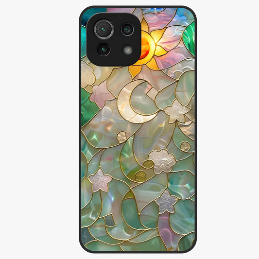 Stained Sunrise Glow Glass Case showing flat back view with glowing sunrise stained pattern artwork and glossy glass finish.