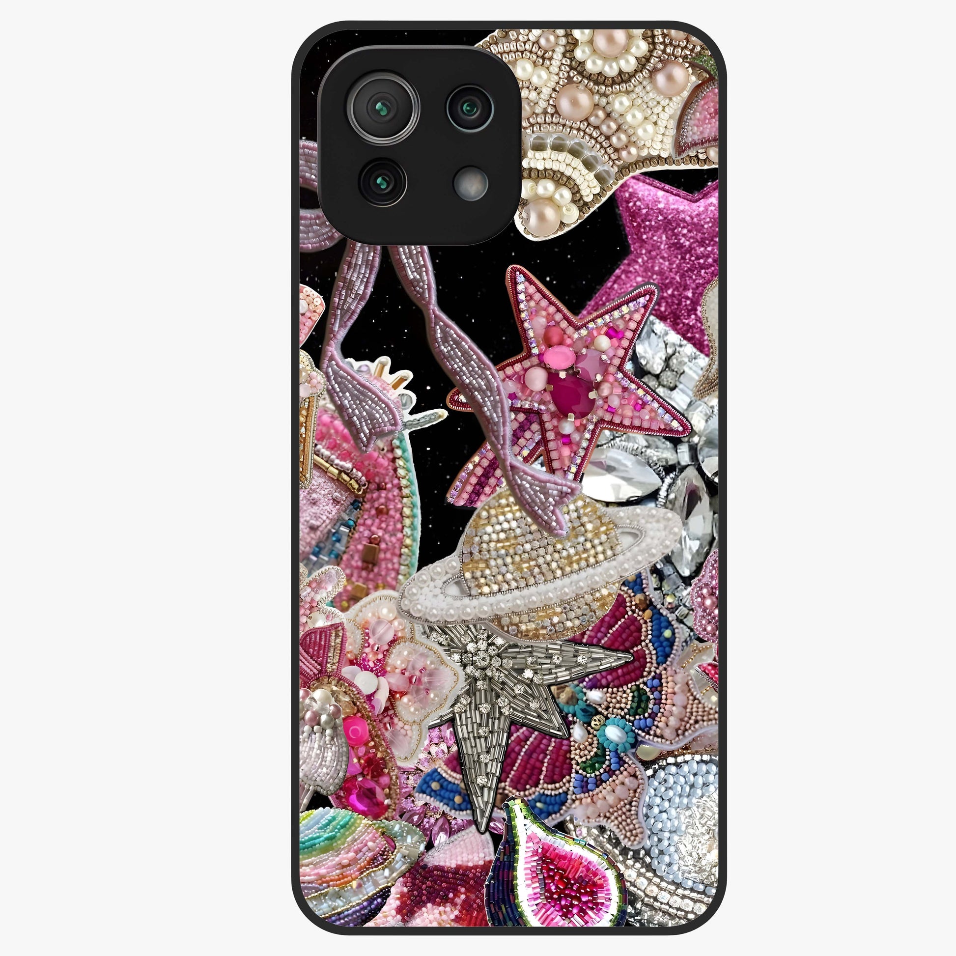 Starlit Jewel Dream Glass Case showing flat back view with sparkling jewel and star themed artwork and glossy glass finish.