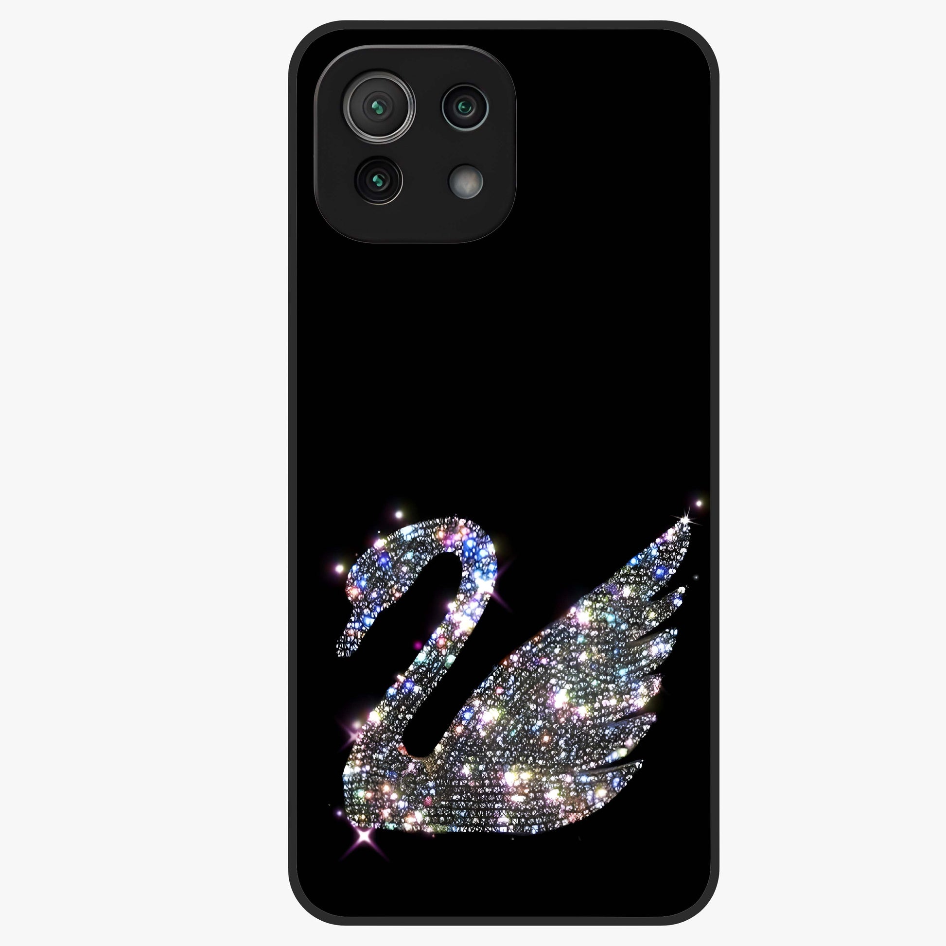 Starlit Swan Grace Glass Case showing flat back view with graceful swan artwork under starry sky and glossy glass finish.