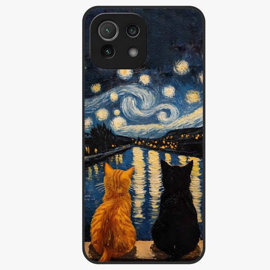 Starry River Cats Glass Case showing flat back view with cats by a starry river artwork and glossy glass finish.