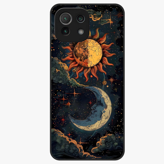 Sun And Moon Magic Design Glass Case showing flat back view with mystical sun and moon artwork and glossy glass finish.