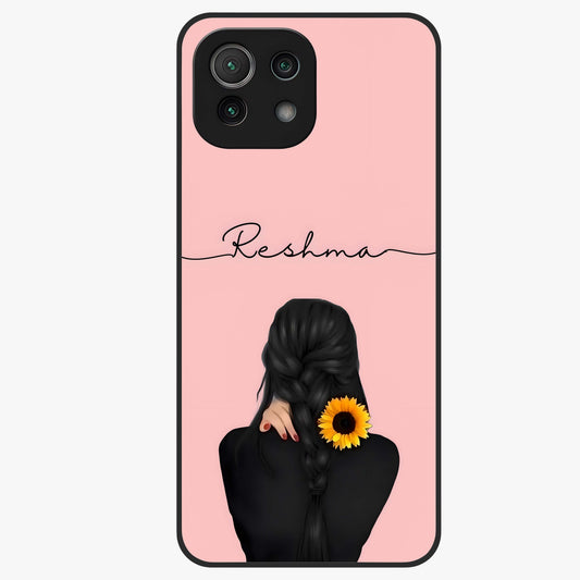 Sunflower Braid Beauty With Custom Name Glass Case showing flat back view with sunflower braid artwork and personalized name design.