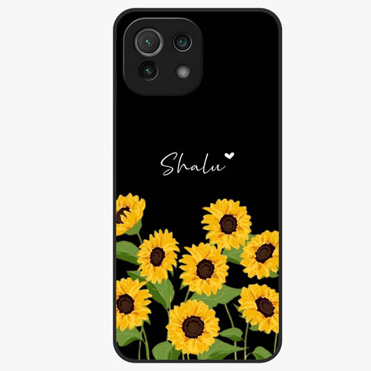 Sunflower Chic Mood Custom Name Glass Case showing flat back view with stylish sunflower artwork and personalized name design.