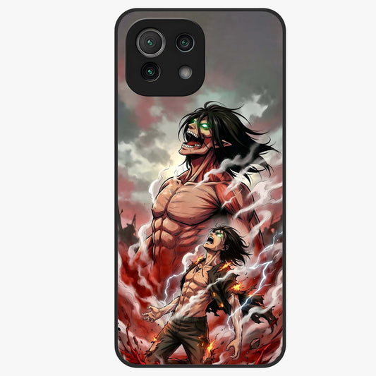Titan Awakening Fury Glass Case showing flat back view with powerful titan inspired artwork and glossy glass finish.