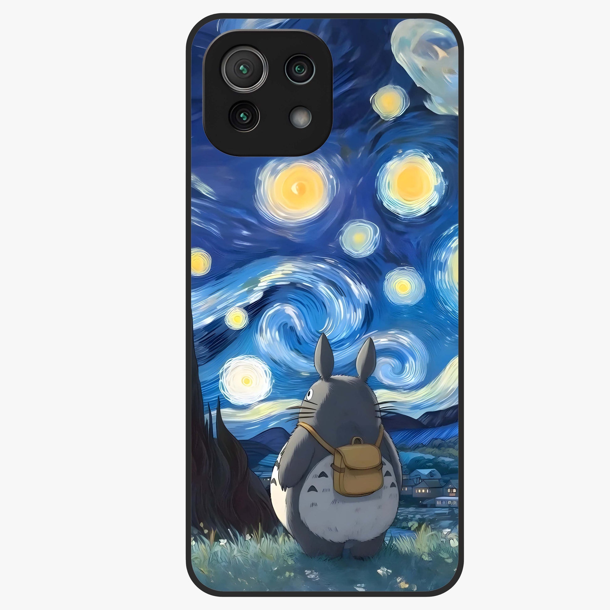 Totoro In Van Gogh Art Glass Case showing flat back view with whimsical character artwork inspired by Van Gogh style and glossy glass finish.