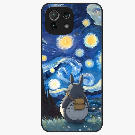 Totoro In Van Gogh Art Glass Case showing flat back view with whimsical character artwork inspired by Van Gogh style and glossy glass finish.