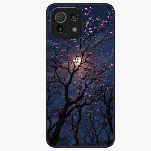 Twilight Sakura Serenade Glass Case showing flat back view with cherry blossom artwork at twilight and glossy glass finish.