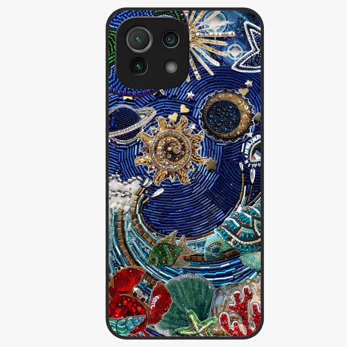 Universe Underwater Spark Glass Case showing flat back view with cosmic underwater themed artwork and glossy glass finish.
