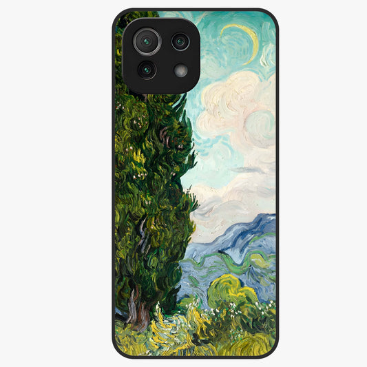 Van Gogh Vintage Art Glass Case showing flat back view with vintage painterly artwork inspired by Van Gogh style and glossy glass finish.