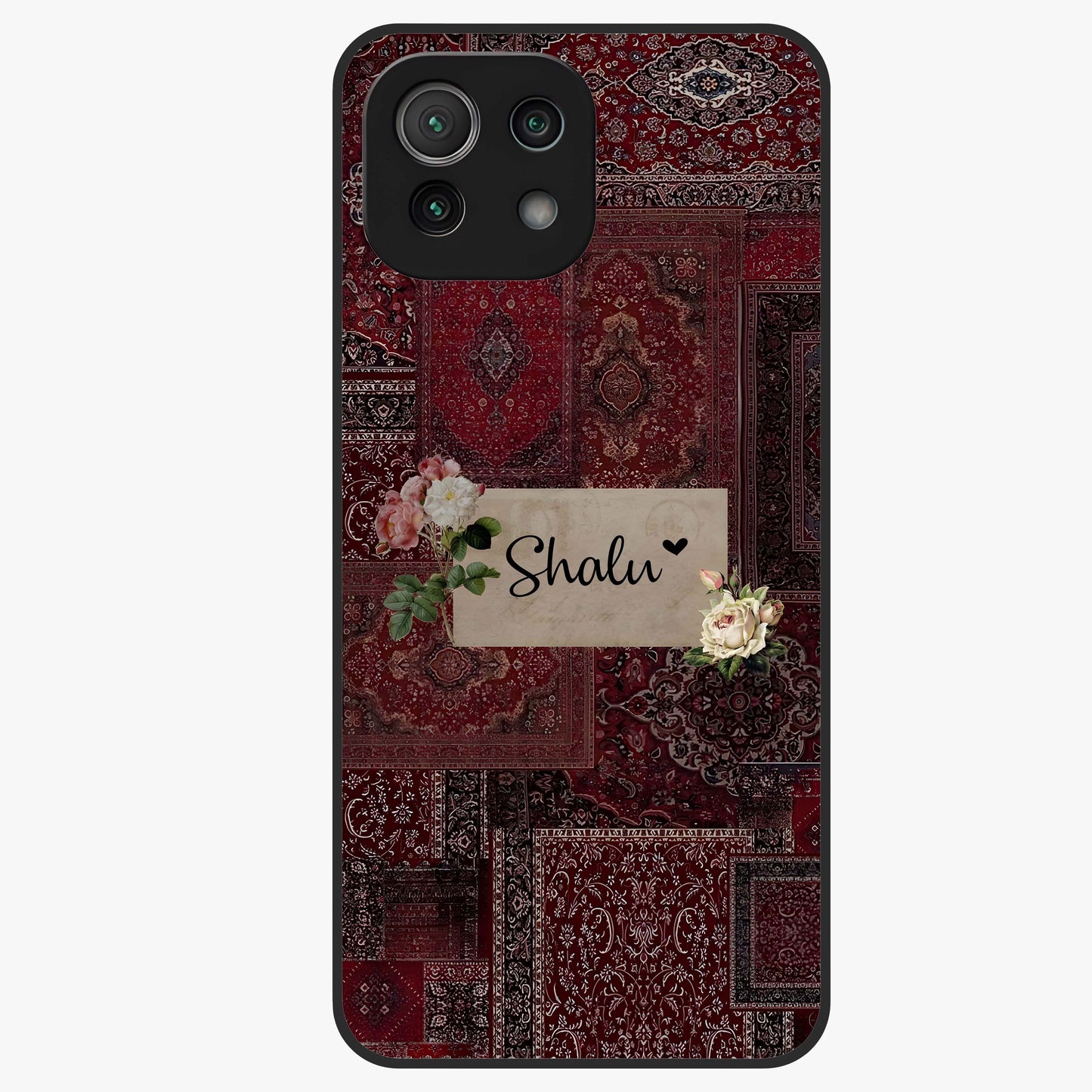 Velvet Wine Pattern Custom Name Glass Case showing flat back view with elegant wine colored pattern artwork and personalized name design.