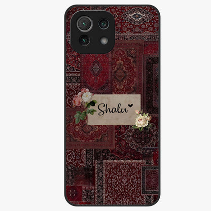 Velvet Wine Pattern Custom Name Glass Case showing flat back view with elegant wine colored pattern artwork and personalized name design.