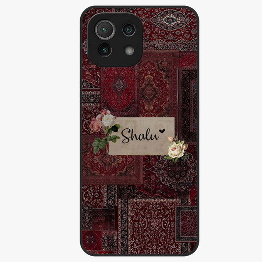 Velvet Wine Pattern Custom Name Glass Case showing flat back view with elegant wine colored pattern artwork and personalized name design.