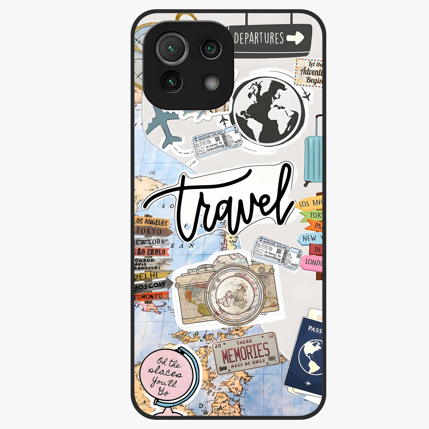 Wanderlust Journal Glass Case showing flat back view with travel inspired artwork and glossy glass finish.