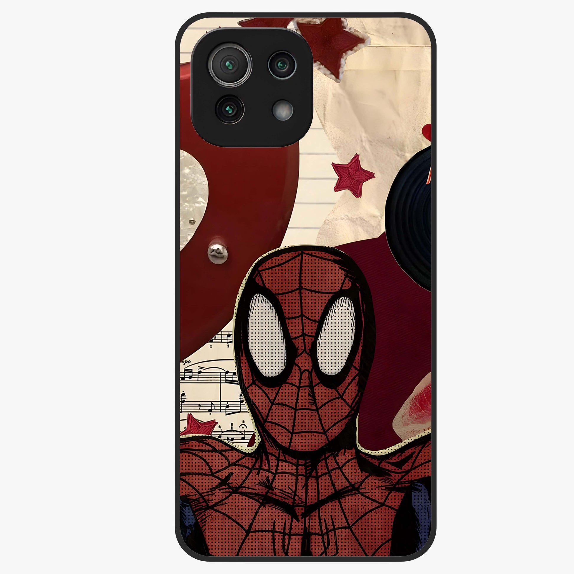 Web Warrior Vibes Glass Case showing flat back view with superhero inspired web themed artwork and glossy glass finish.