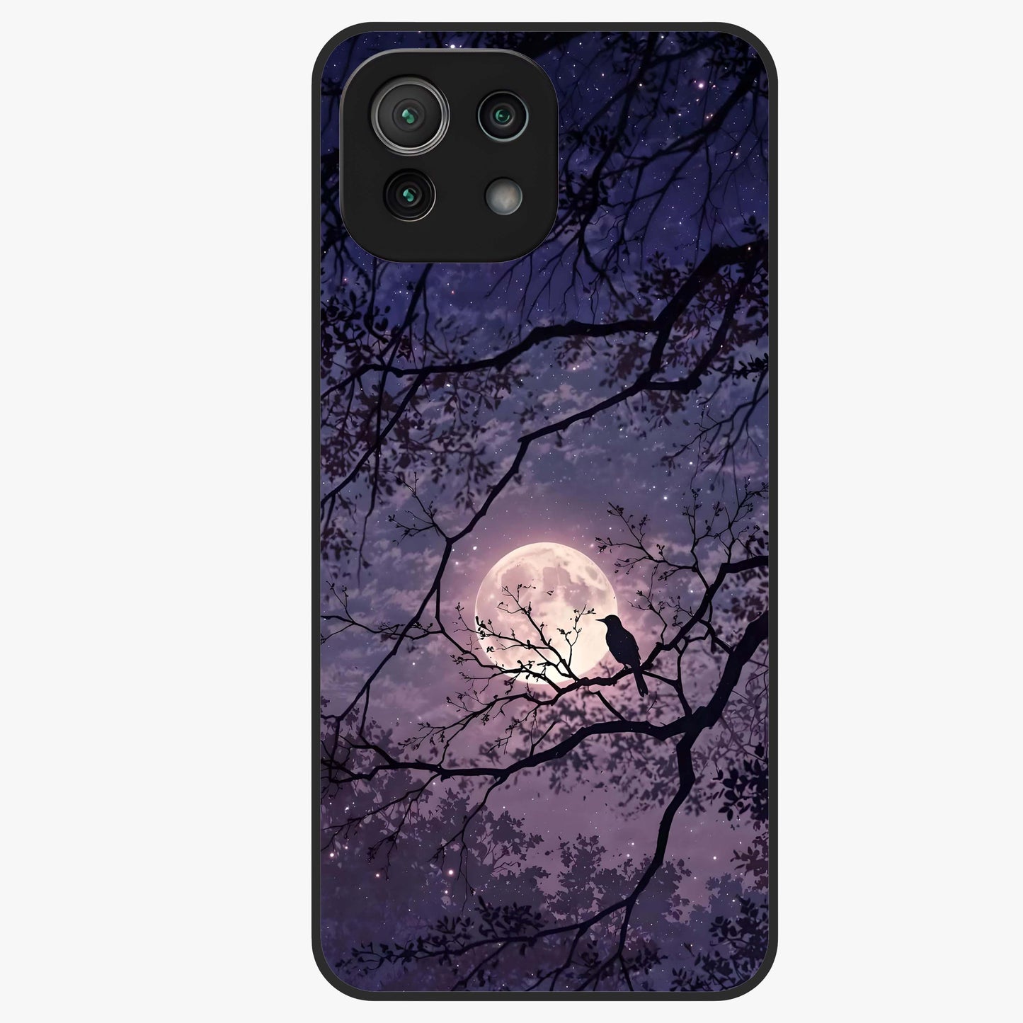 Whispering Moon Silence Glass Case showing flat back view with serene moon themed artwork and glossy glass finish.