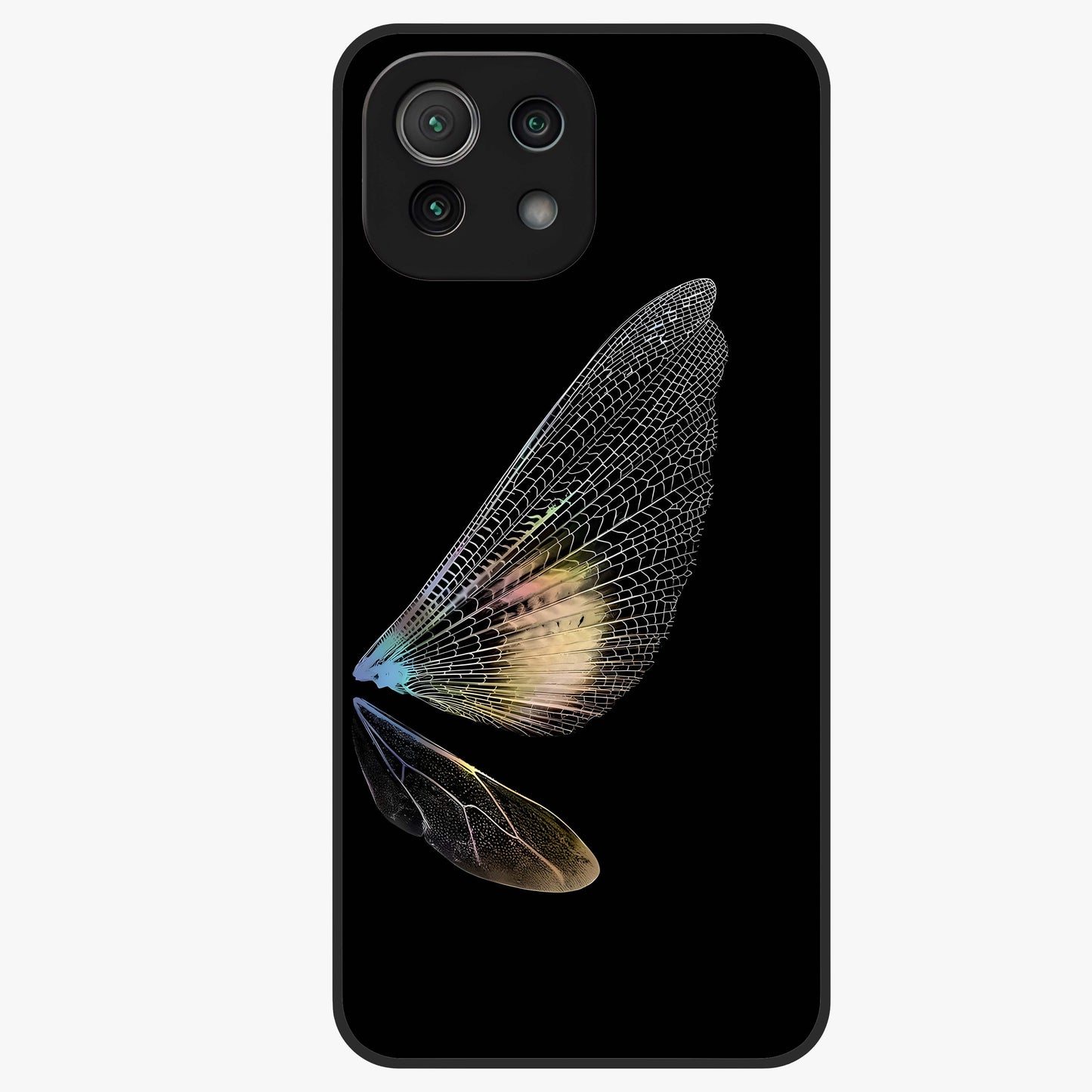 Whispers Of Wings Glass Case showing flat back view with graceful wing inspired artwork and glossy glass finish.