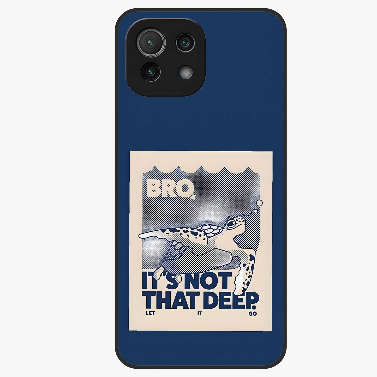 Worry Less Swim Glass Case showing flat back view with playful motivational artwork and glossy glass finish.
