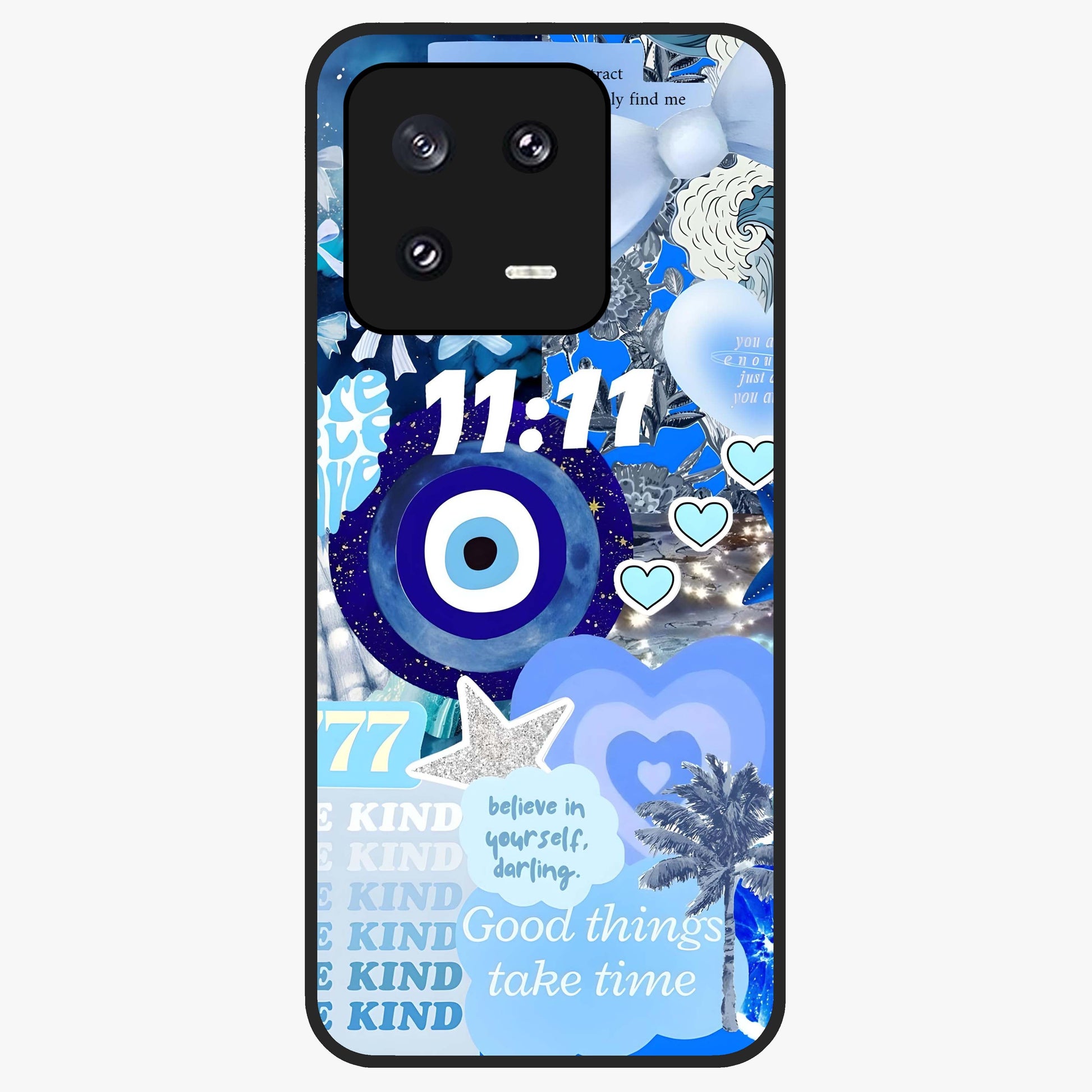 Aesthetic Be Kind Eye Glass Case showing flat back view with motivational eye artwork and glossy glass finish.