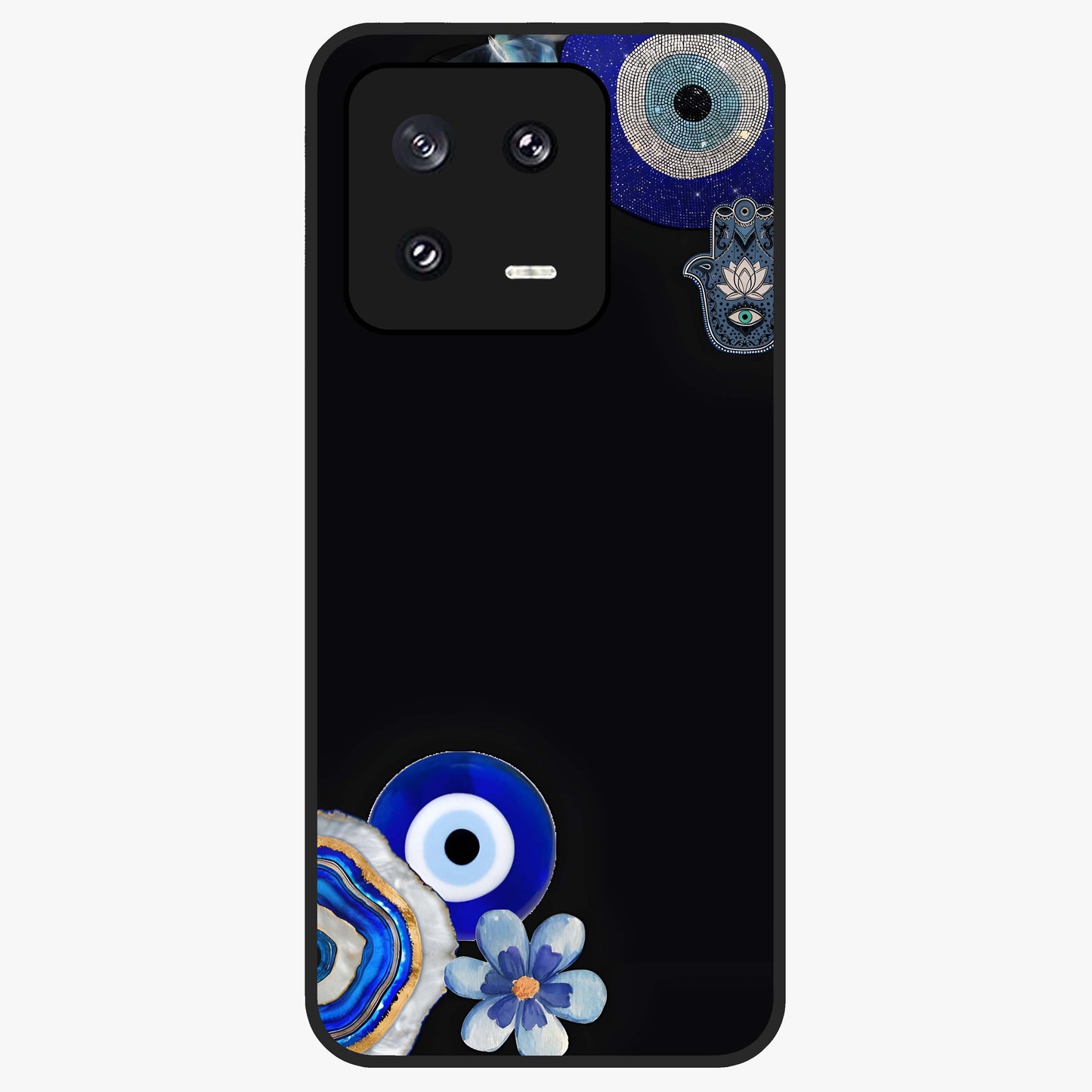Aesthetic Blue Evil Eye Glass Case showing flat back view with protective evil eye artwork and glossy glass finish.