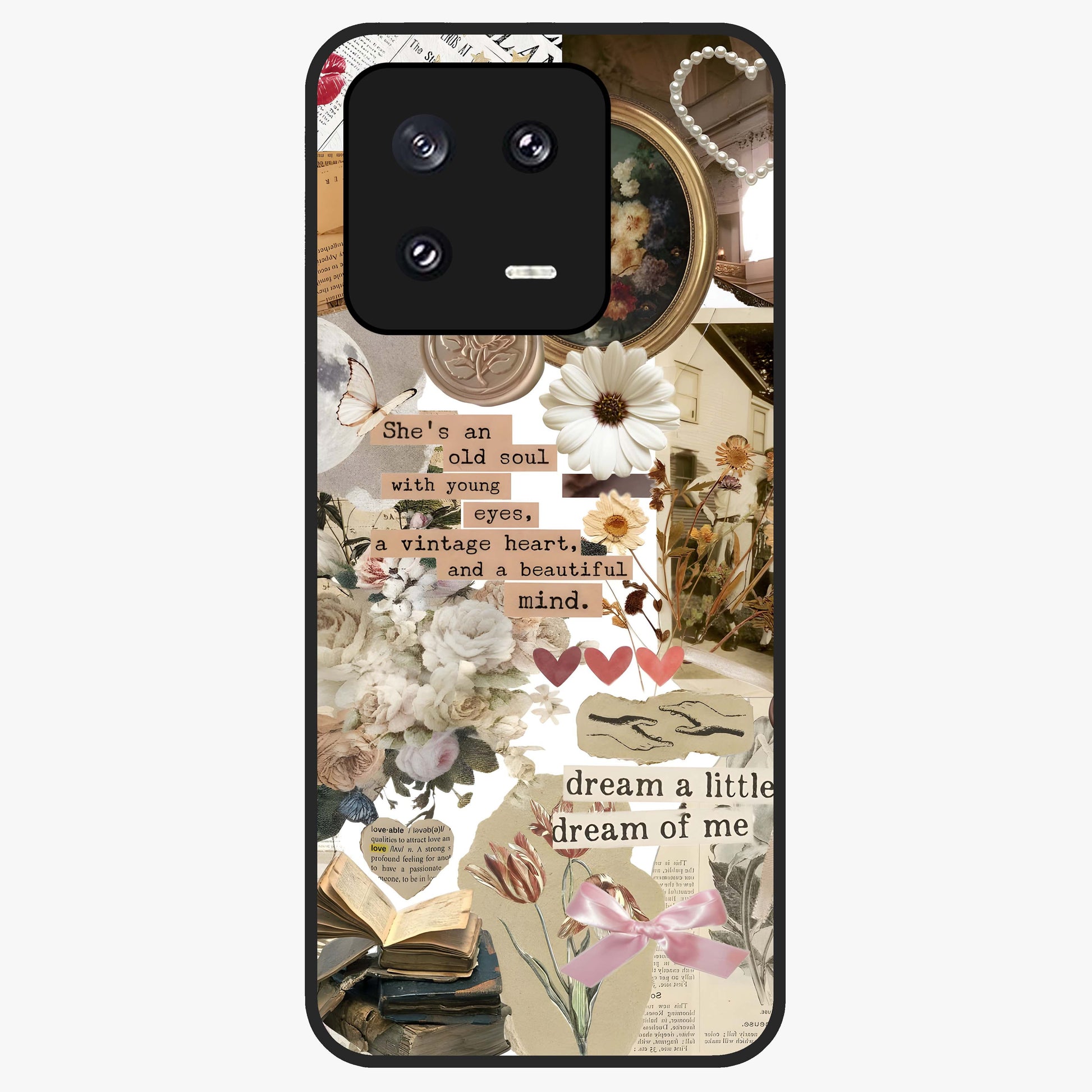 Aesthetic Brown Vintage Collage Glass Case showing flat back view with retro collage artwork and glossy glass finish.