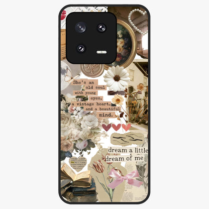 Aesthetic Brown Vintage Collage Glass Case showing flat back view with retro collage artwork and glossy glass finish.