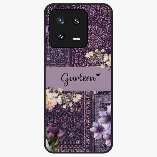 Antique Floral Whisper Custom Name Glass Case showing flat back view with vintage floral artwork and personalized name design.