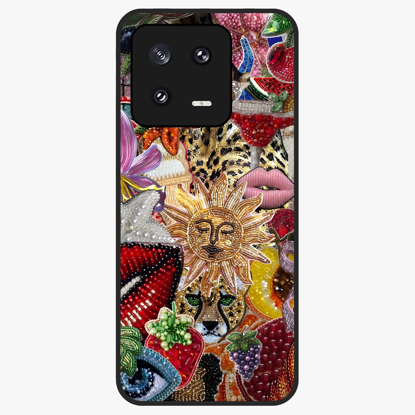 Beaded Fashion Jungle Glass Case showing flat back view with vibrant jungle inspired bead artwork and glossy glass finish.