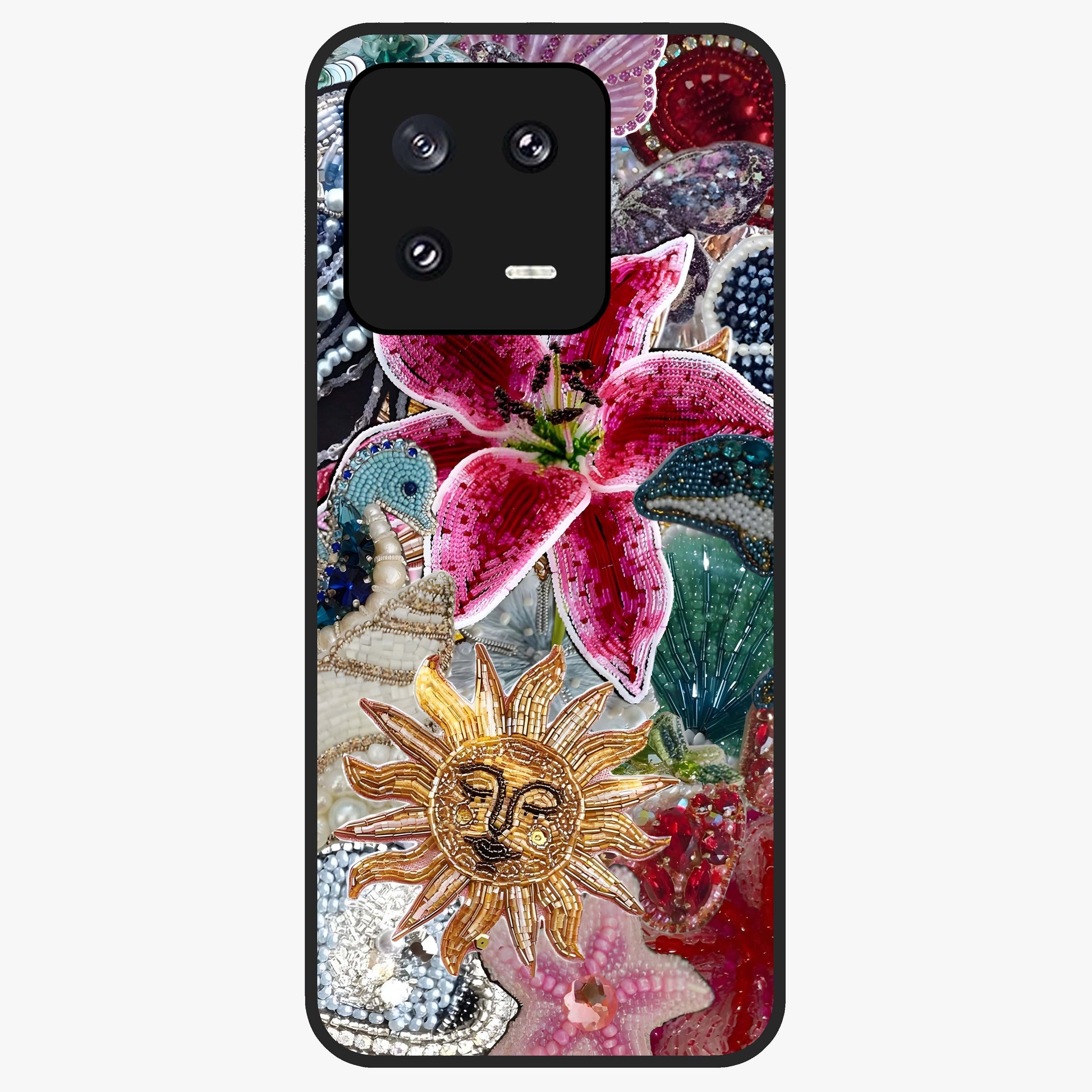 Beaded Garden Fantasy Glass Case showing flat back view with dreamy garden bead artwork and glossy glass finish.