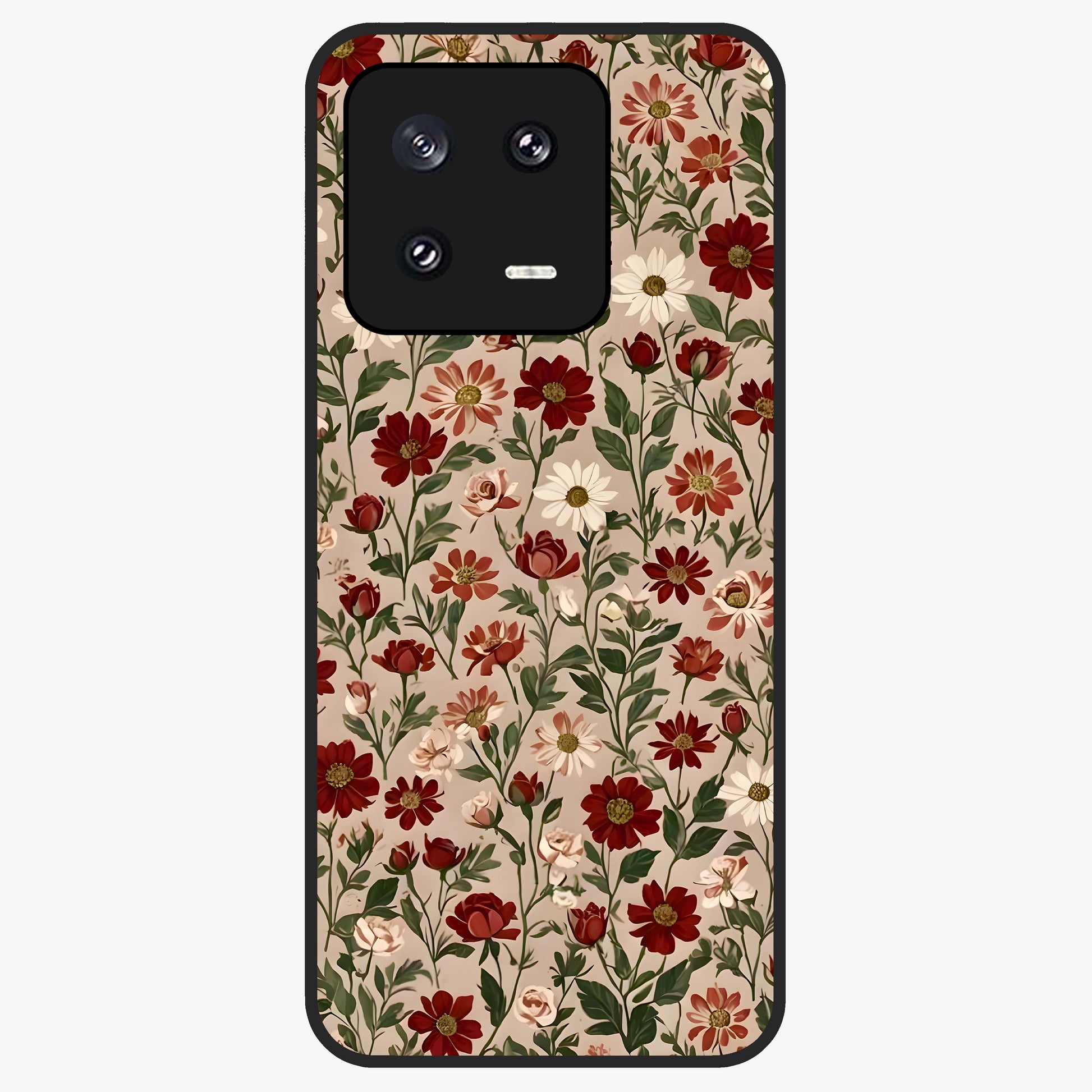 Biege Flower With Leaf Glass Case showing flat back view with soft beige floral artwork and glossy glass finish.