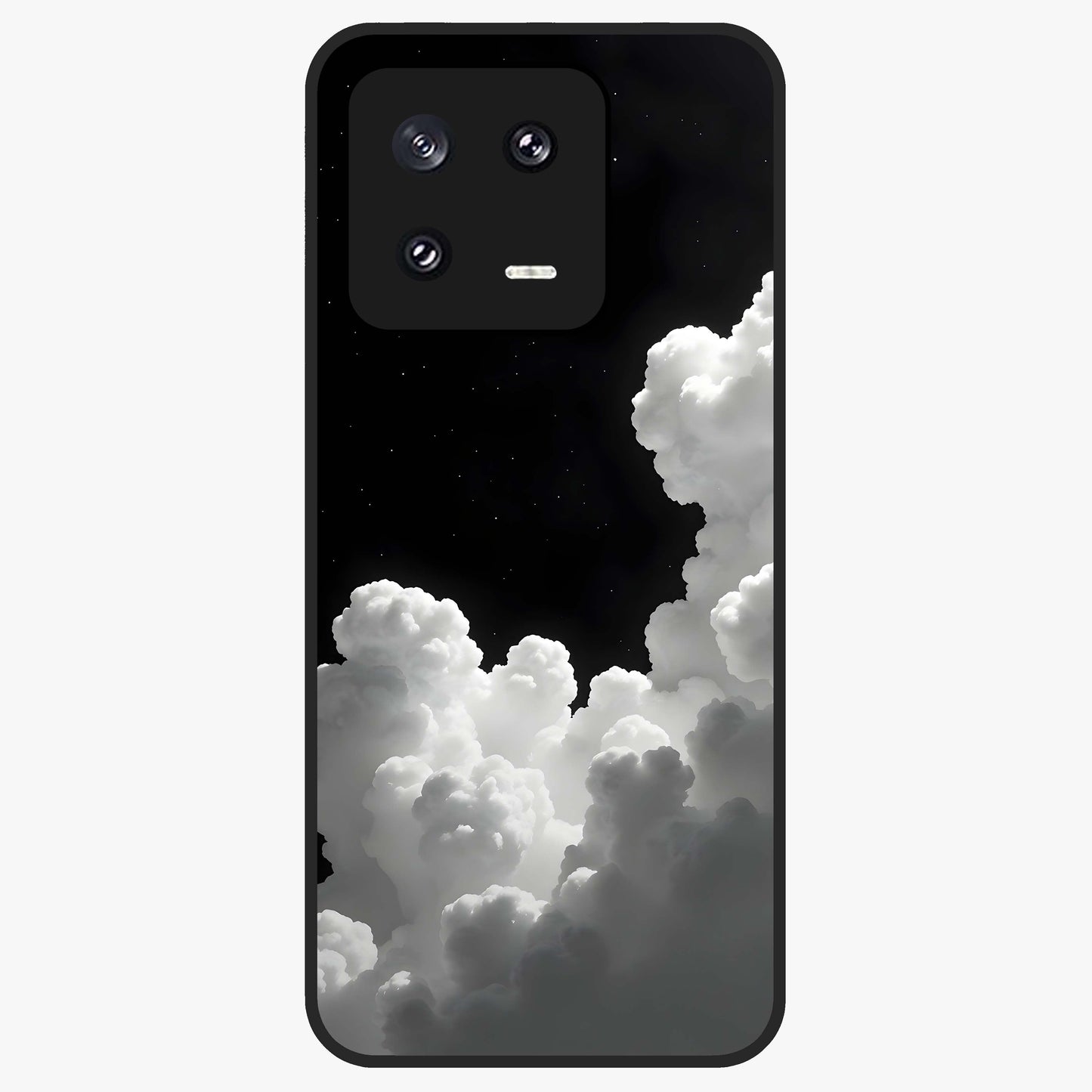 Black Background With White Cloud Glass Case showing flat back view with minimal cloud artwork on dark background and glossy glass finish.