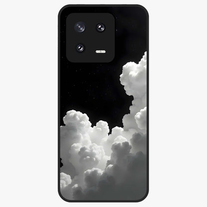Black Background With White Cloud Glass Case showing flat back view with minimal cloud artwork on dark background and glossy glass finish.