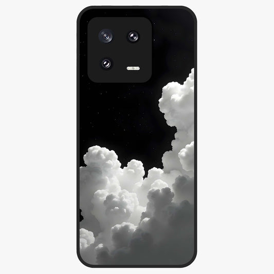 Black Background With White Cloud Glass Case showing flat back view with minimal cloud artwork on dark background and glossy glass finish.