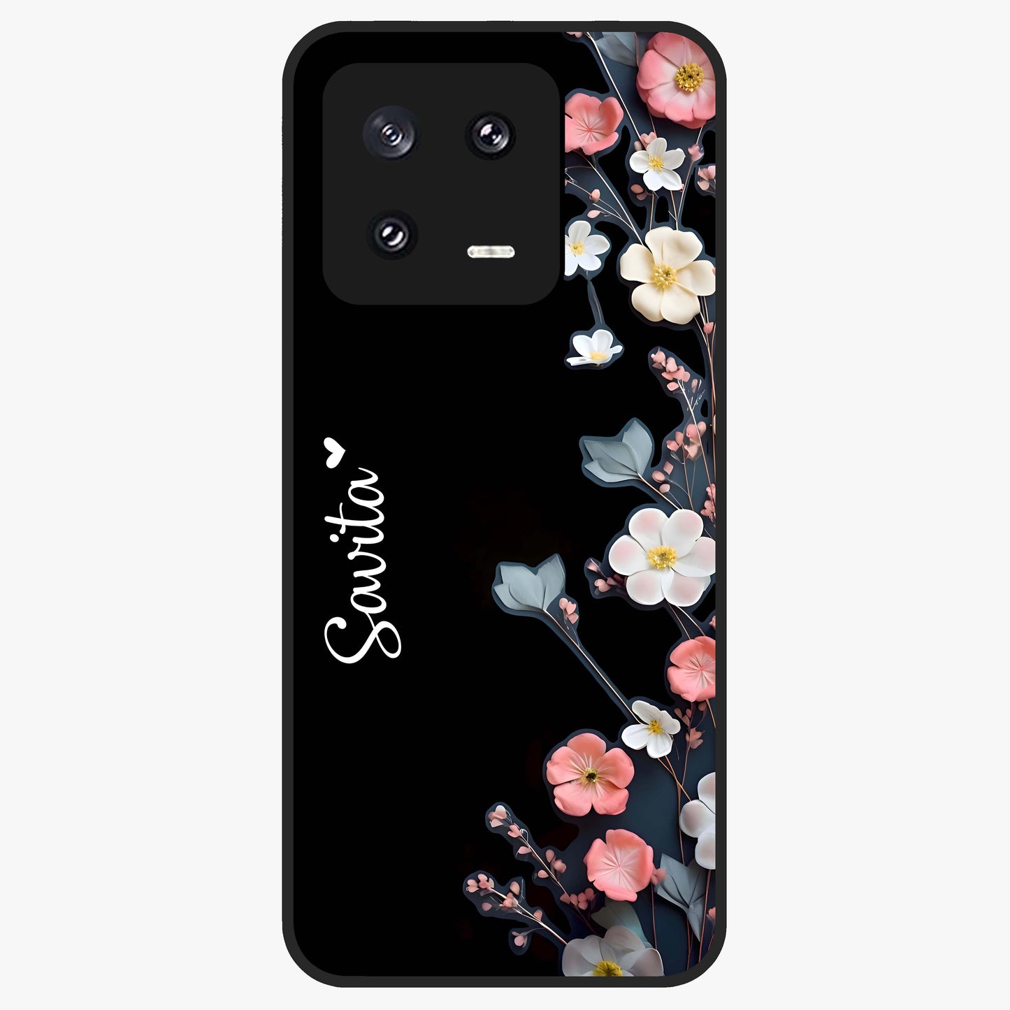 Black Elegance Floral Custom Name Glass Case showing flat back view with elegant floral artwork and personalized name design.