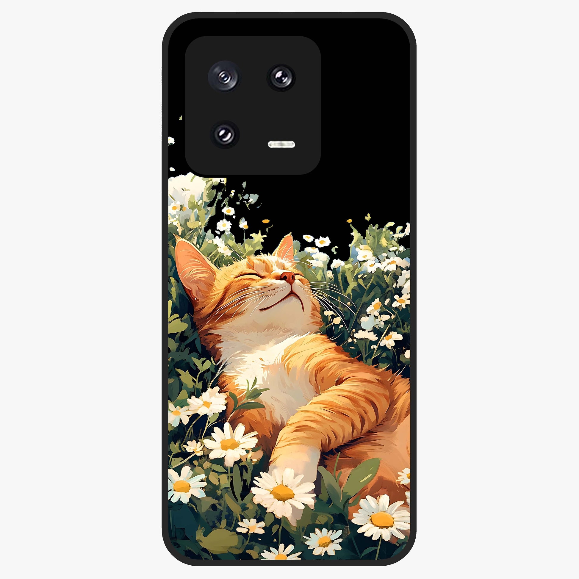 Blissful Bloom Cat Glass Case showing flat back view with cute cat and floral bloom artwork and glossy glass finish.