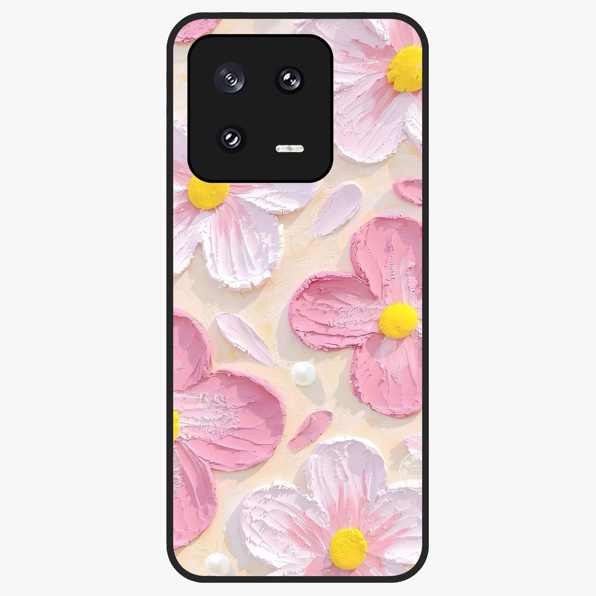 Blush Bloom Texture Glass Case showing flat back view with soft blush floral texture artwork and glossy glass finish.