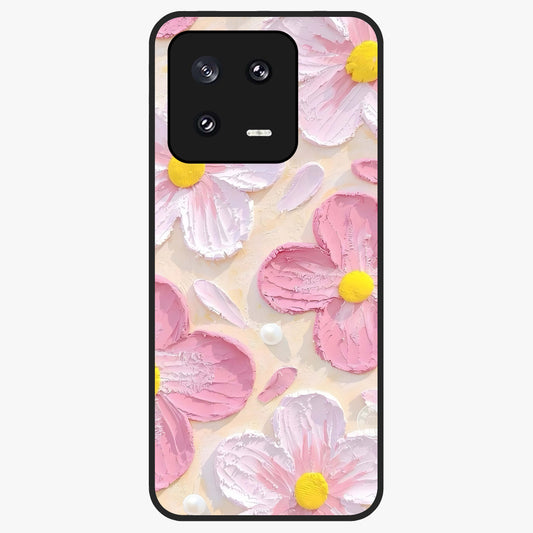 Blush Bloom Texture Glass Case showing flat back view with soft blush floral texture artwork and glossy glass finish.
