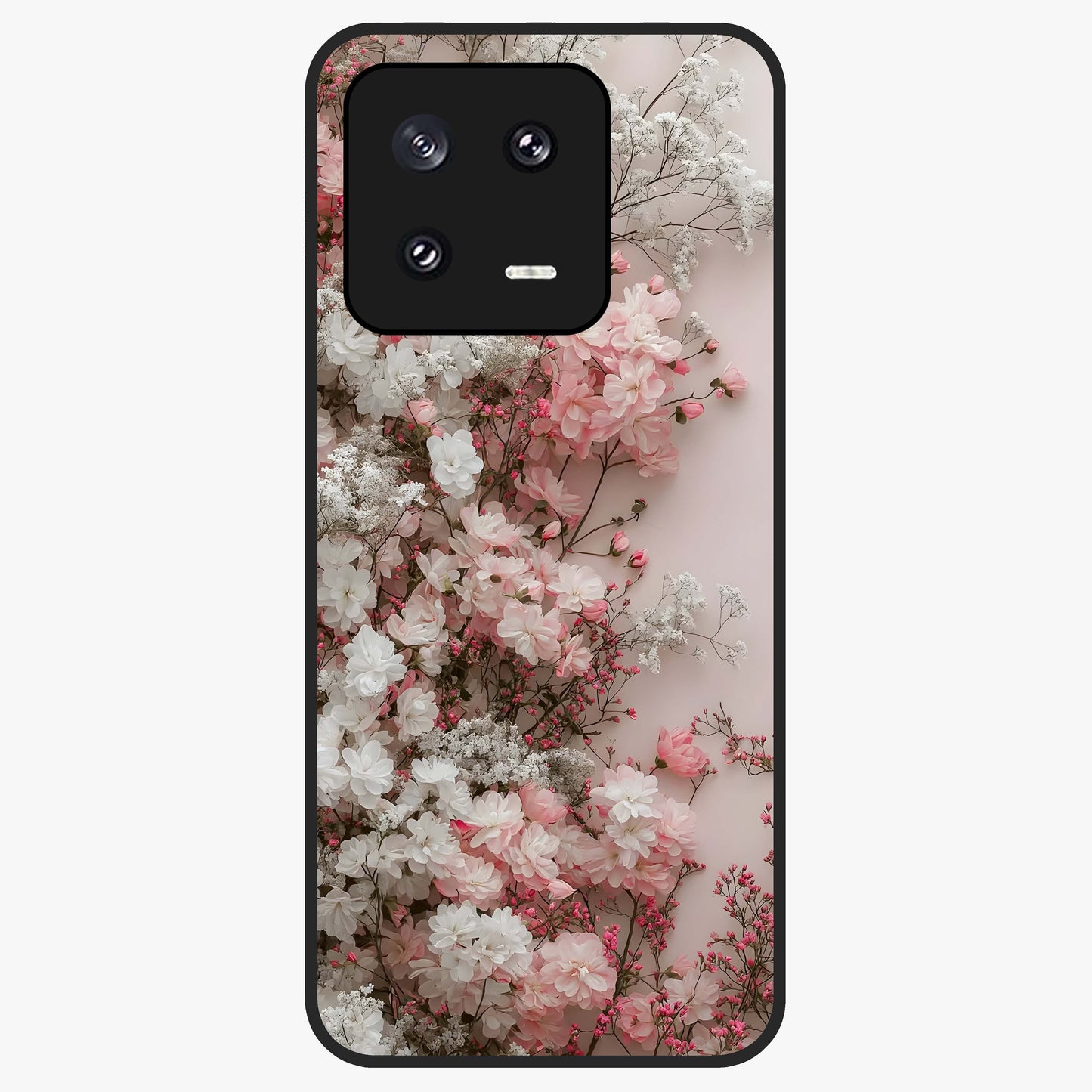 Blush Blossom Cloud Glass Case showing flat back view with dreamy blush cloud blossom artwork and glossy glass finish.