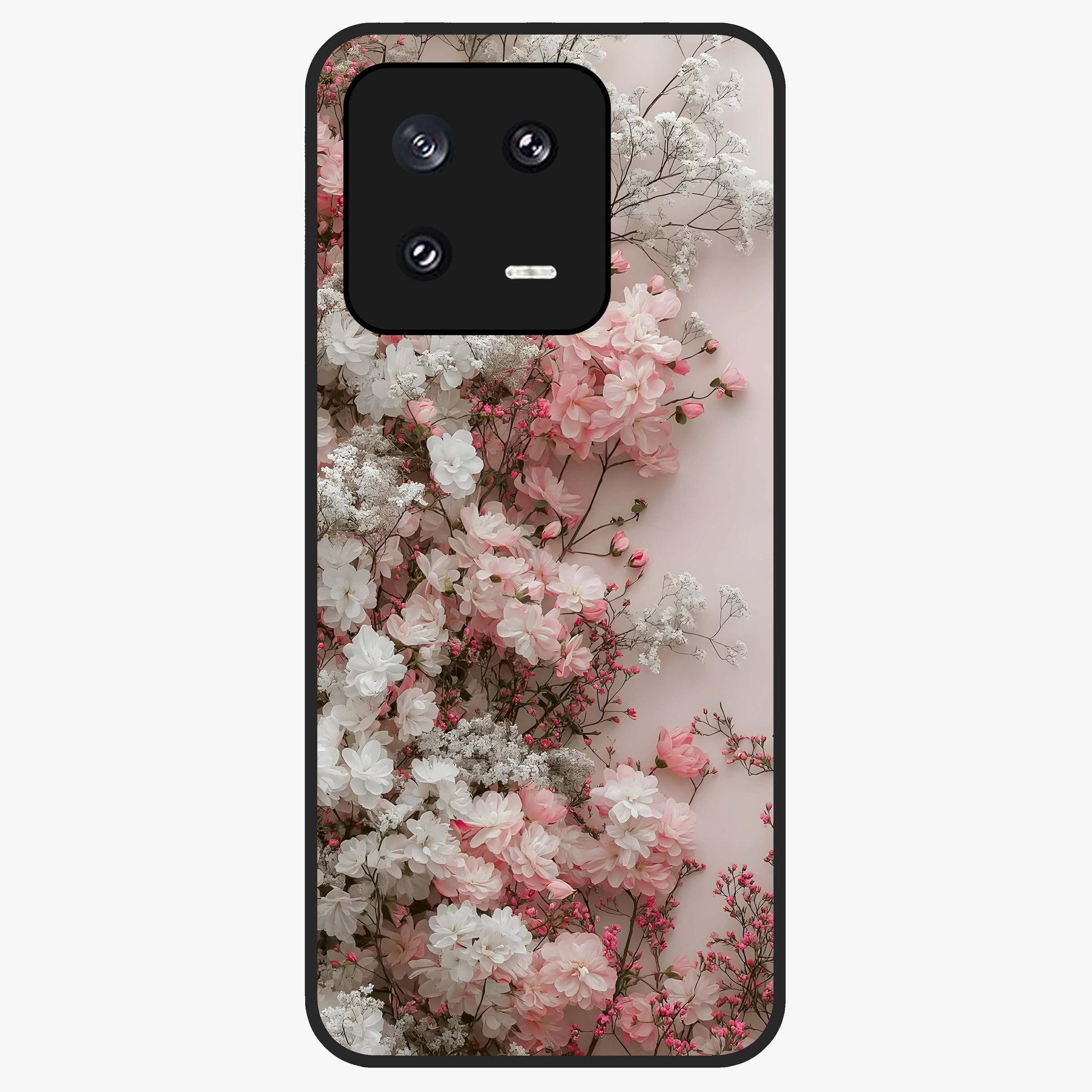 Blush Blossom Cloud Glass Case showing flat back view with dreamy blush cloud blossom artwork and glossy glass finish.