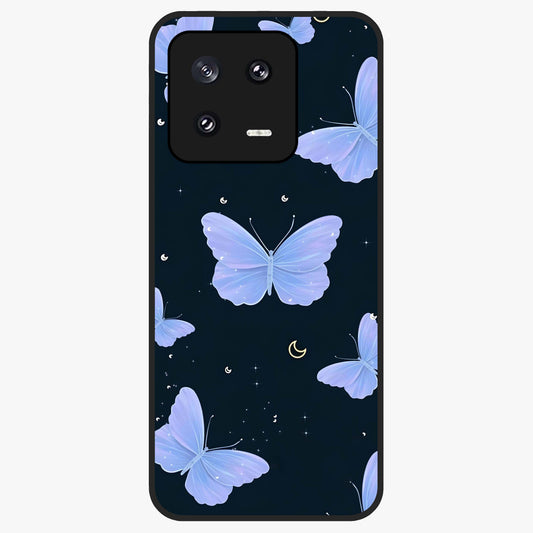 Butterfly With Stars Pattern Glass Case showing flat back view with butterfly and star pattern artwork and glossy glass finish.