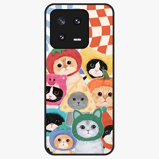 Cats in Fruits Glass Case showing flat back view with playful cat illustrations inside fruit artwork and glossy glass finish.
