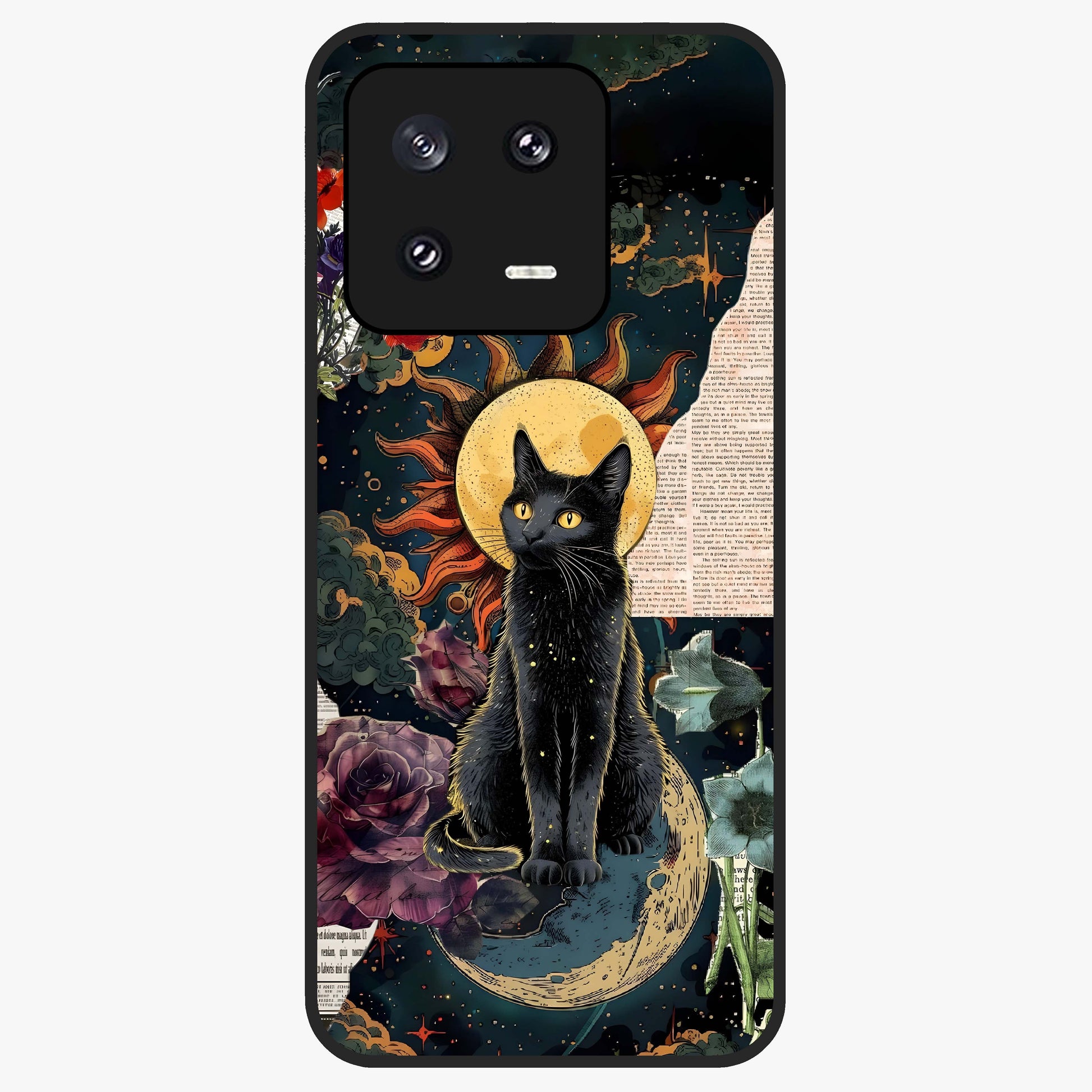 Celestial Black Cat Glass Case showing flat back view with mystical black cat artwork and glossy glass finish.
