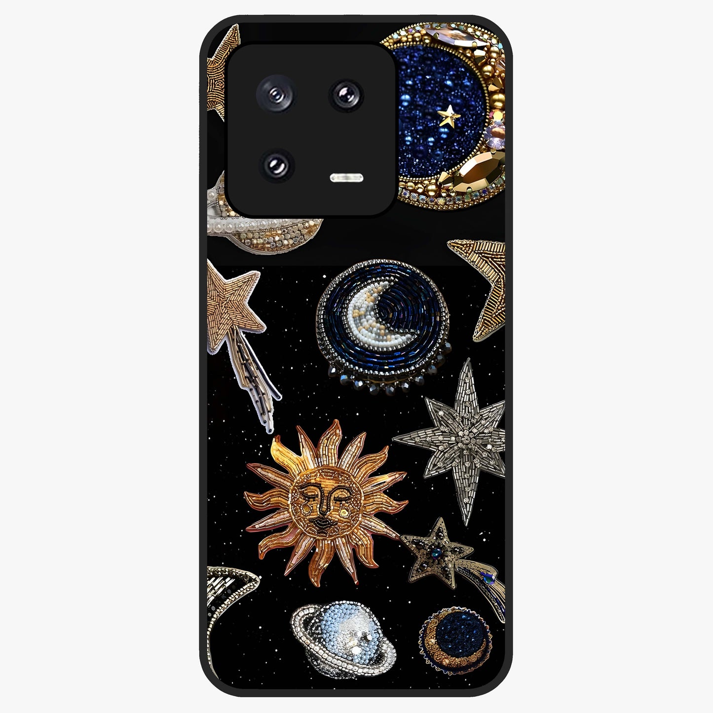 Celestial Gem Constellations Glass Case showing flat back view with sparkling constellation artwork and glossy glass finish.