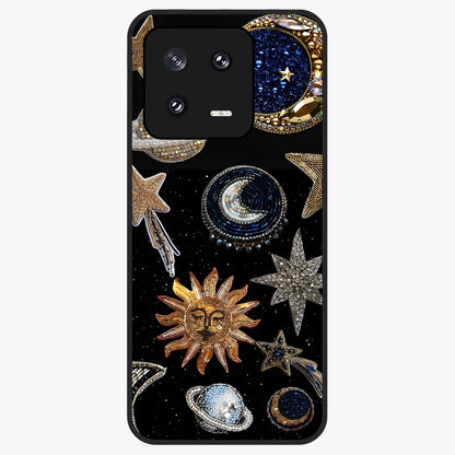 Celestial Gem Constellations Glass Case showing flat back view with sparkling constellation artwork and glossy glass finish.