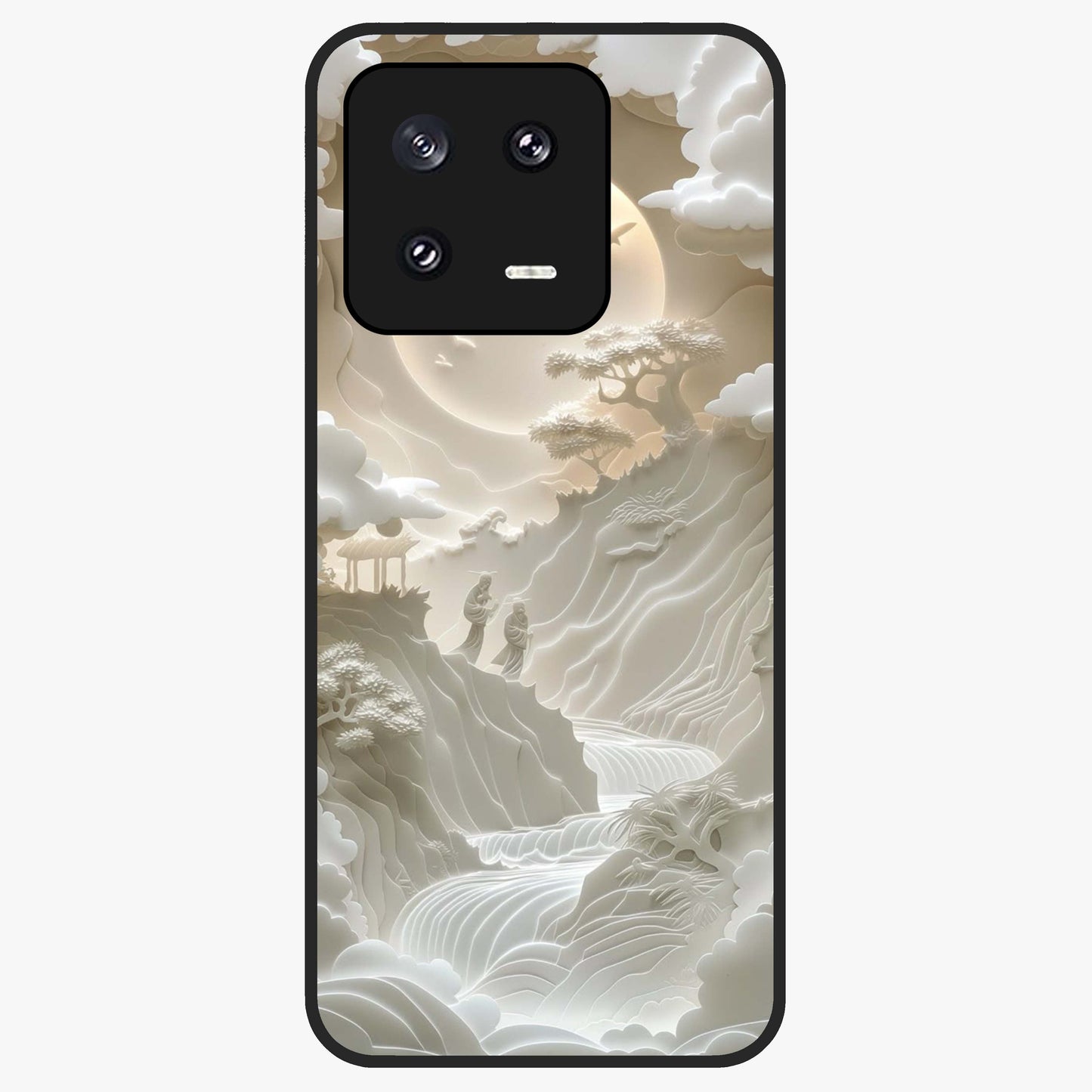 Celestial Origami Glass Case showing flat back view with artistic origami inspired celestial artwork and glossy glass finish.