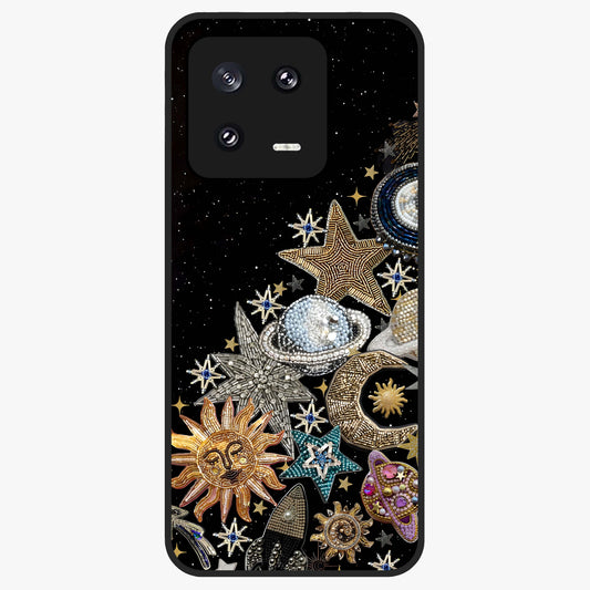 Cosmic Sparkle Dreams Glass Case showing flat back view with sparkling cosmic artwork and glossy glass finish.