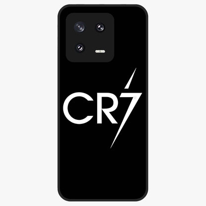 Cr7 Elite Strike Glass Case showing flat back view with dynamic football inspired artwork and glossy glass finish.