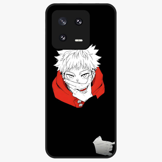 Crimson Chaos Smile Glass Case showing flat back view with bold chaotic smile artwork and glossy glass finish.