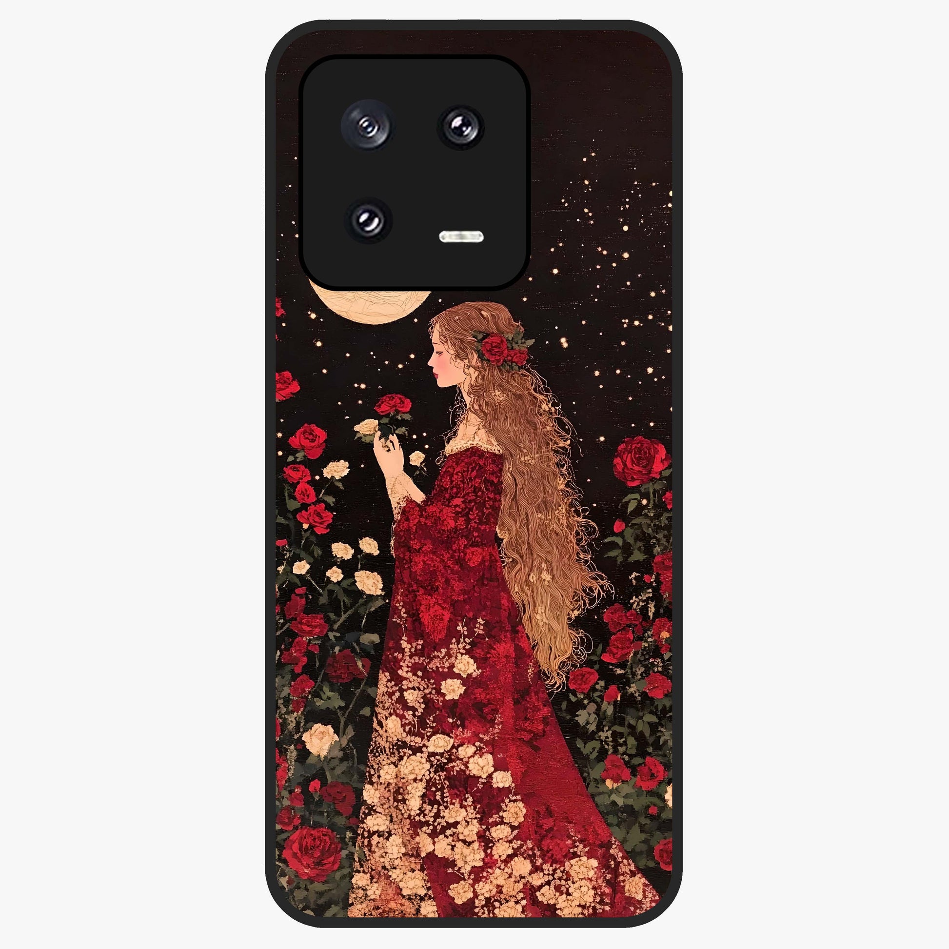 Crimson Dreams Glass Case showing flat back view with dreamy crimson artwork and glossy glass finish.